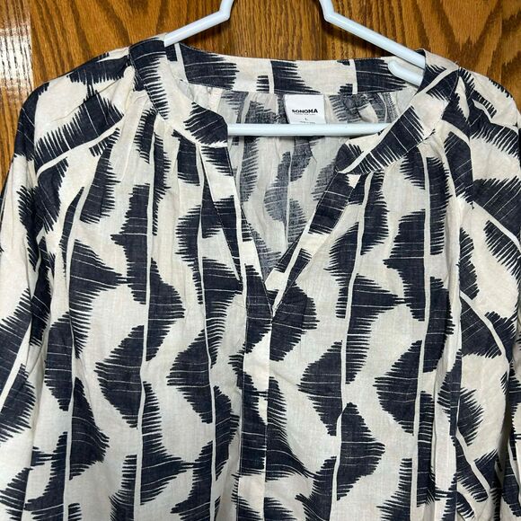 Sonoma Women’s L Boho Peasant Top 3/4 Balloon Sleeve V-Neck Black White - Picture 2 of 6